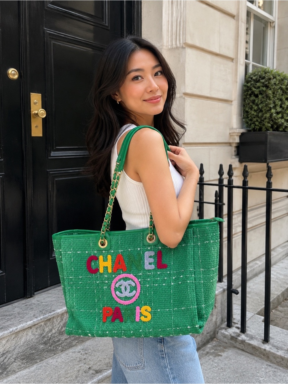 Green Tweed Multicolor Logo Tote with Gold Chain Handles